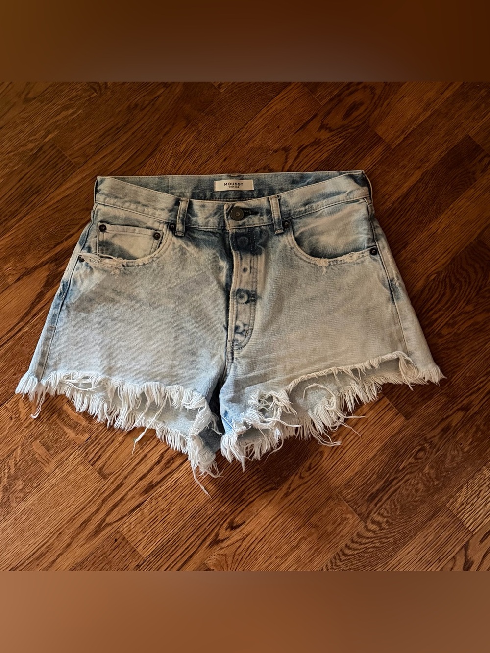 Pale Blue Button-Fly Frayed Denim Shorts